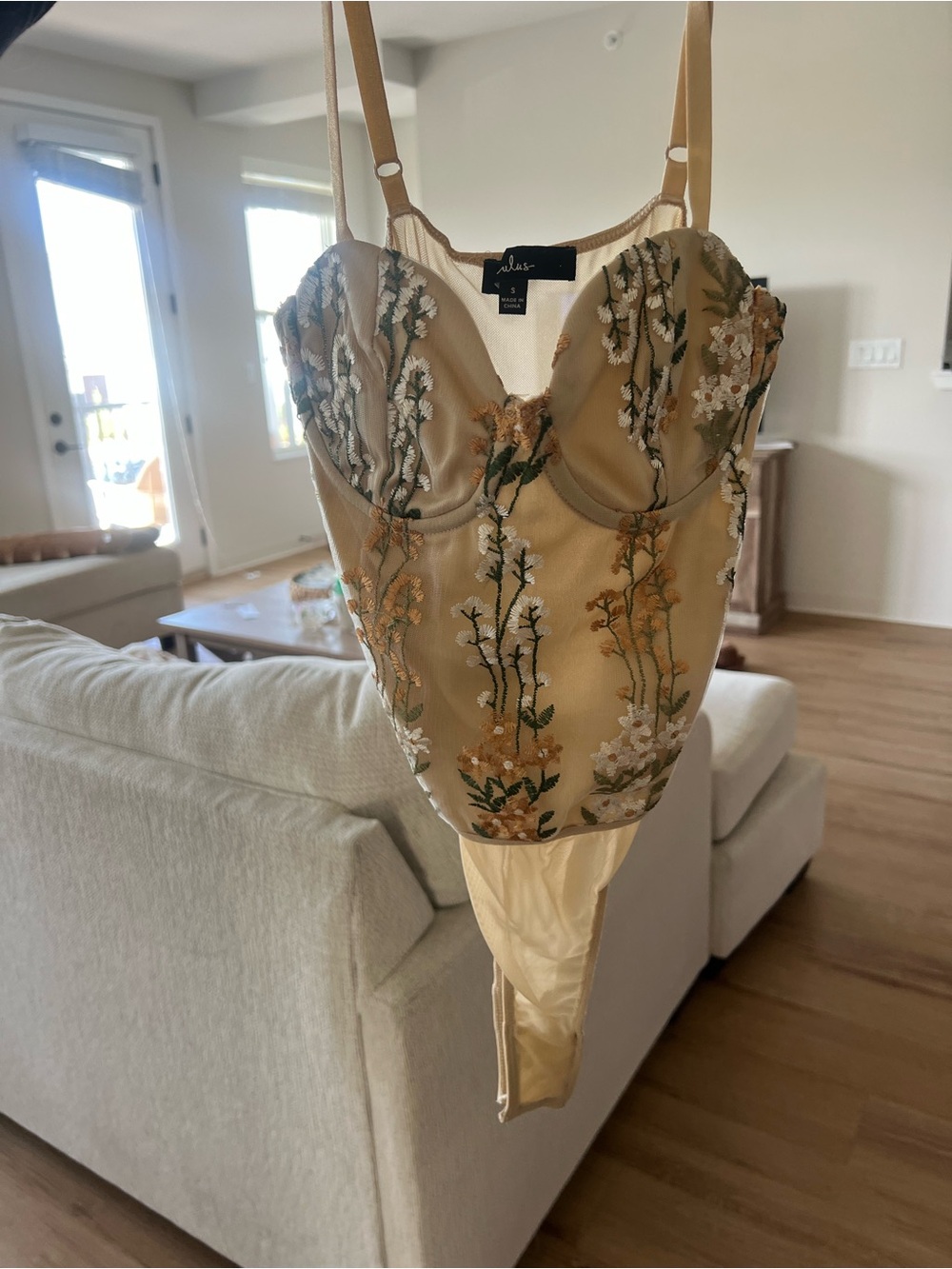 Lulu's Beige Floral Embroidered Bustier Bodysuit